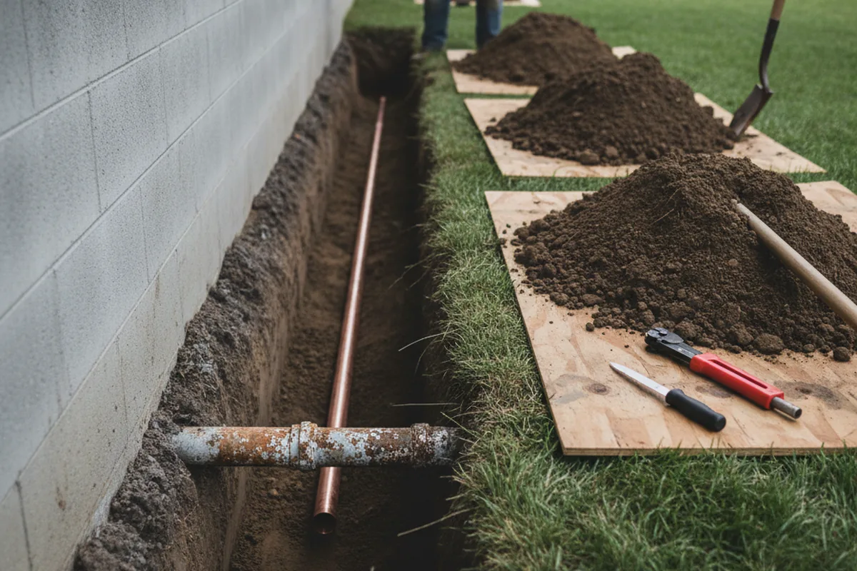 Excavated water line trench during Water Softener Installation in Richfield